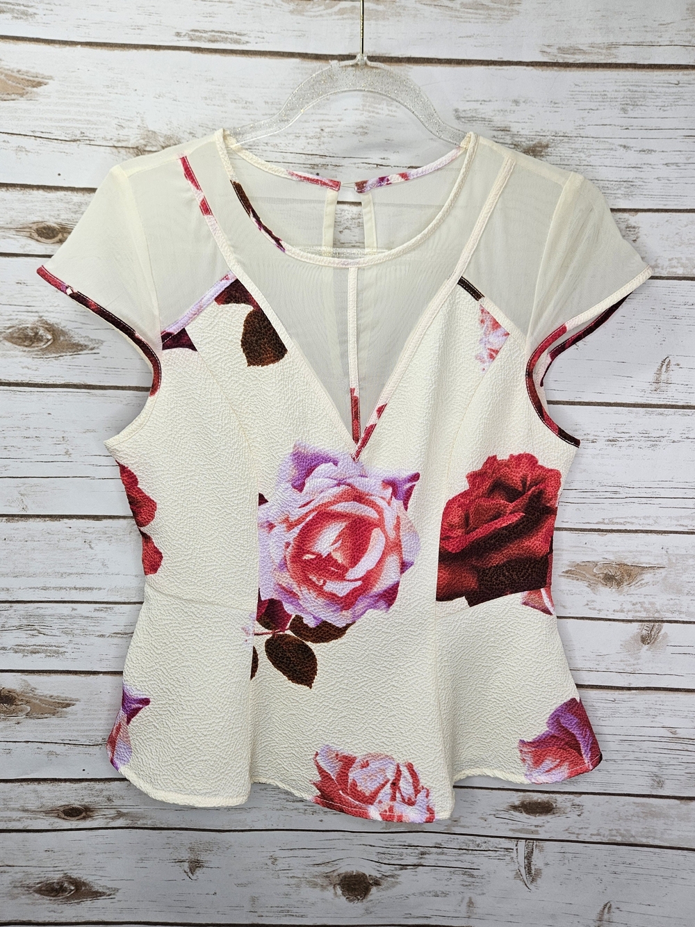 GUESS Cream Floral Peplum Top with Pink & Red Roses Size Large